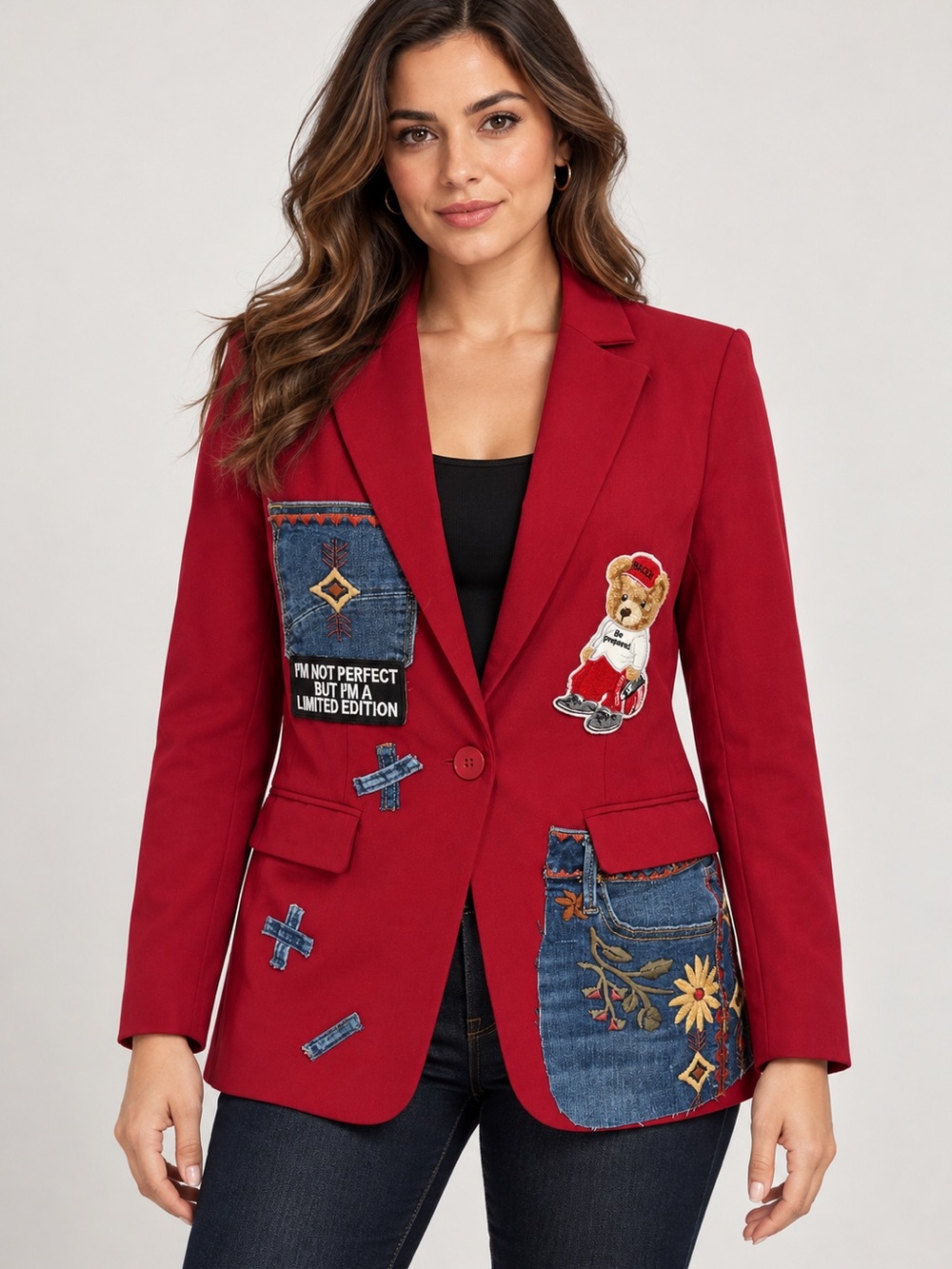 Upcycled  cranberry Red Embroidered Patch Blazer Jacket size S